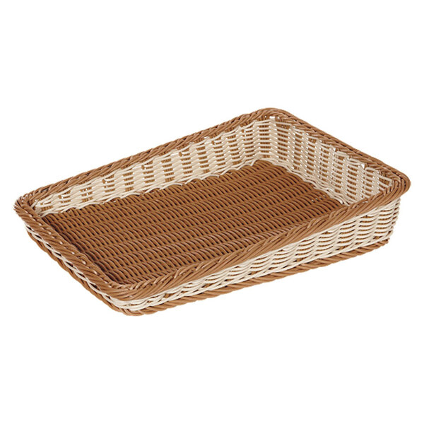 A two-tone plastic basket with a brown and white top.