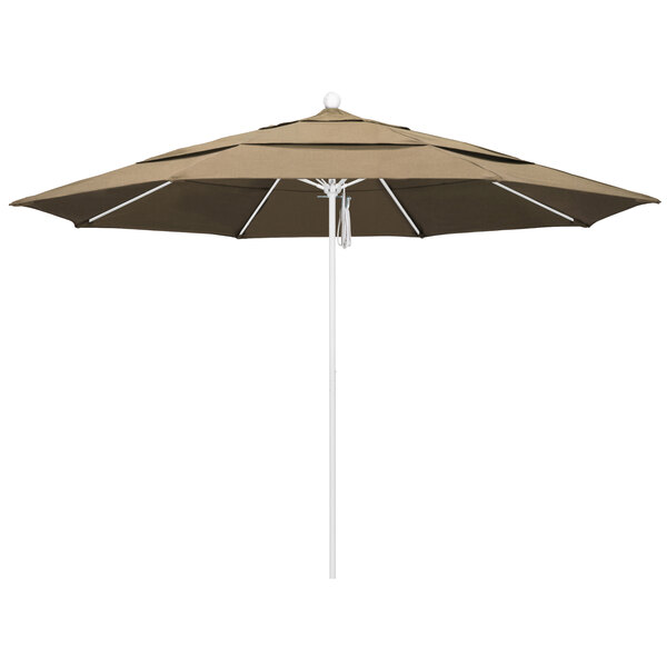 A California Umbrella with a Heather Beige Sunbrella canopy and a white aluminum pole.