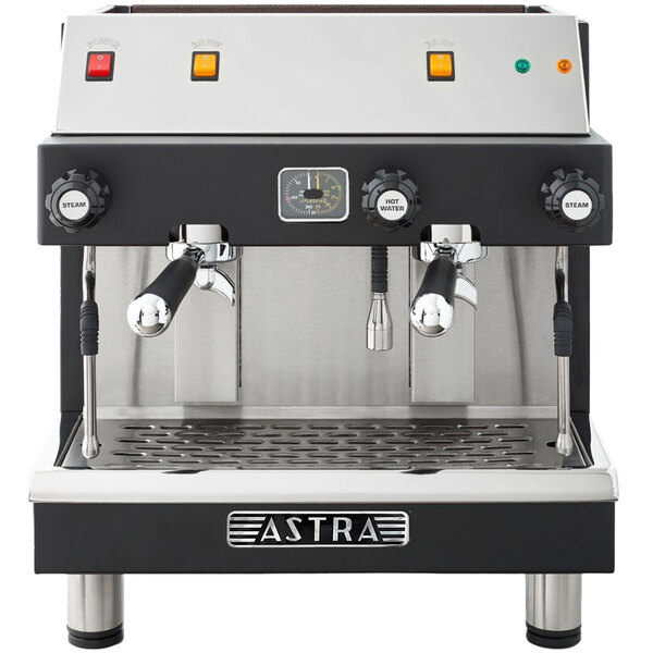 An Astra Mega II Compact semi-automatic espresso machine in black and silver with a stainless steel body.