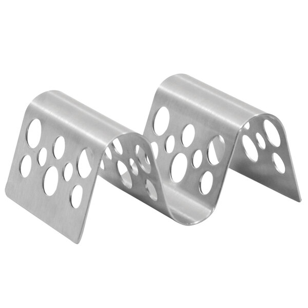 A stainless steel Tablecraft taco holder with two compartments and stamped circles.