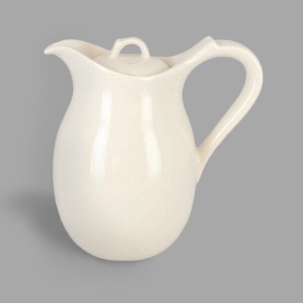 A white porcelain coffee pot with a lid and handle.