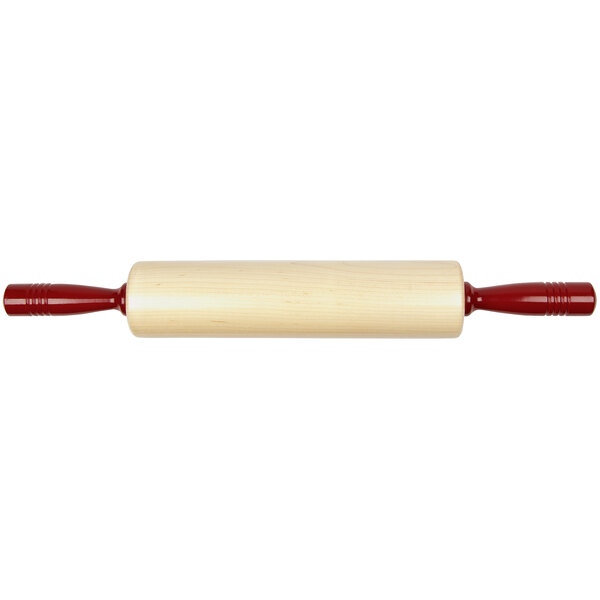 A Fletchers' Mill wooden rolling pin with red handles.