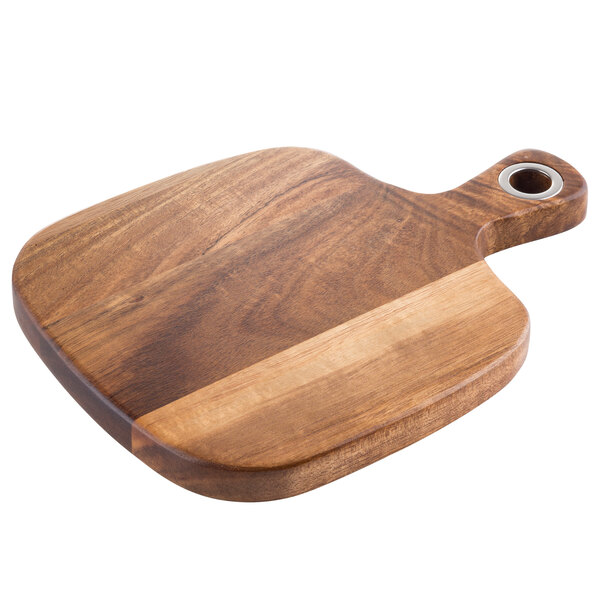 A Tablecraft acacia wood display bread board with a handle.
