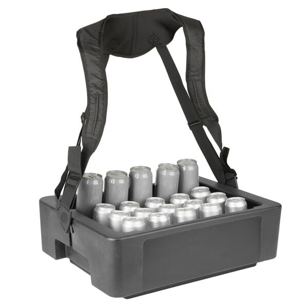 A black cooler with a black strap and several cans inside.