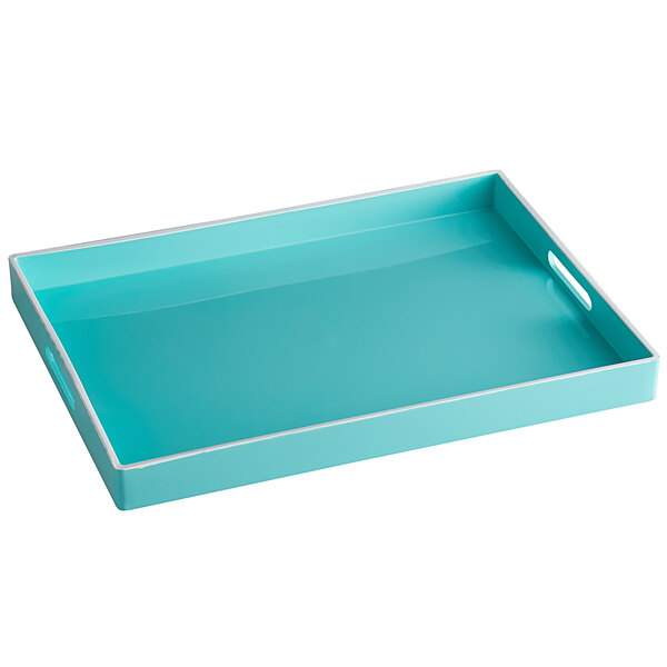 An American Atelier teal rectangular tray with white trim and handles.