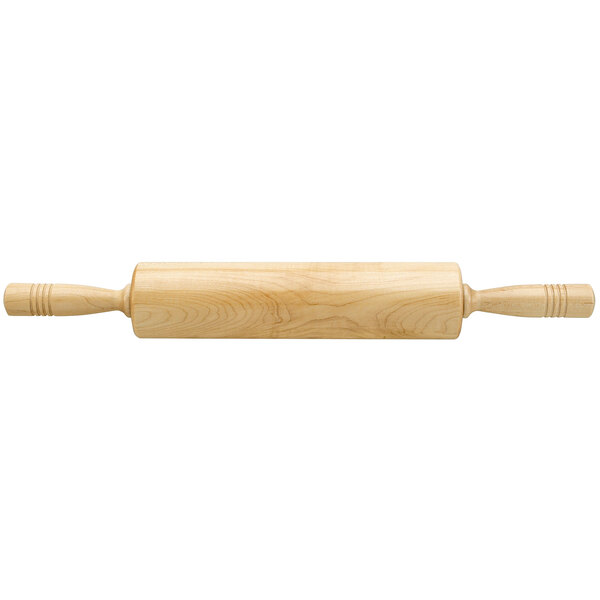 A Fletchers' Mill maple wood rolling pin with wooden handles.