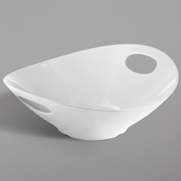 A white Tablecraft melamine serving bowl with two handles.