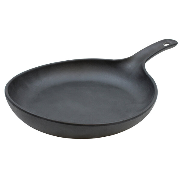 A black Tablecraft faux cast iron skillet with handle.