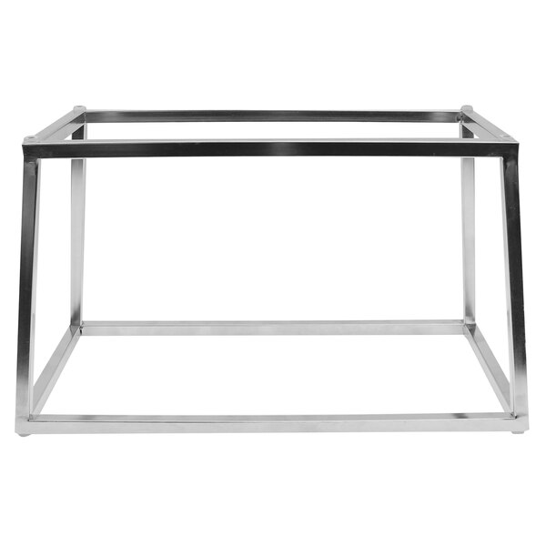 A stainless steel tall third size reversible riser on a metal table.