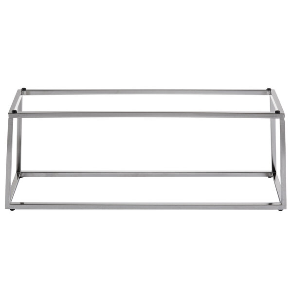A stainless steel Tablecraft tall half-long size reversible riser with two shelves.