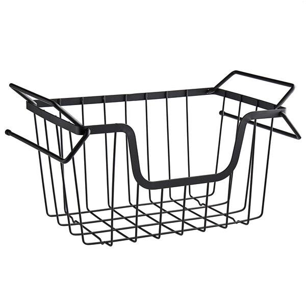 A Tablecraft black powder coated metal wire basket with handles.