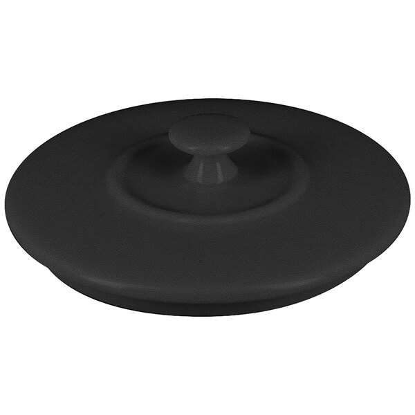 A black plastic lid with a round handle for RAK Porcelain mini cocottes.