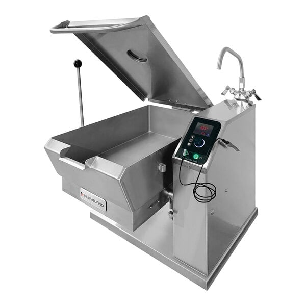 A Cleveland 10 gallon electric countertop tilt skillet with a control panel.