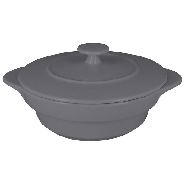 A grey ceramic pot with a lid.