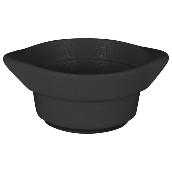 A RAK Porcelain Volcano Black round bowl with a handle.