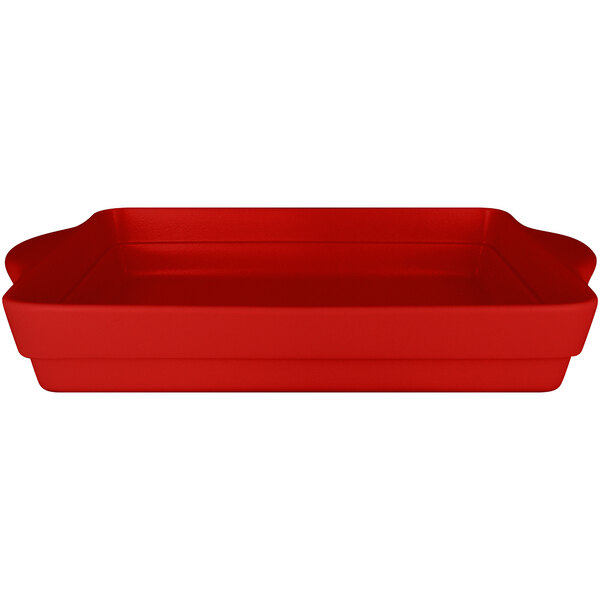 A red rectangular porcelain tureen with handles.