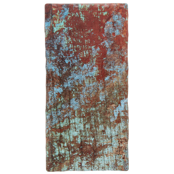 An American Metalcraft rectangular melamine serving board with a faux reclaimed wood design and blue paint on it.