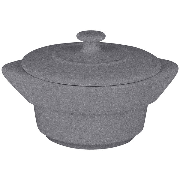 A stone gray RAK Porcelain Chef's Fusion round porcelain cocotte with lid.