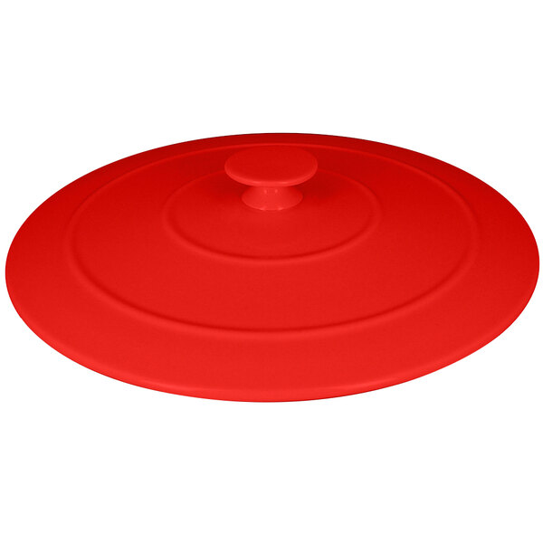 A RAK Porcelain Chef's Fusion Ember Red Porcelain Cocotte Lid with a handle.