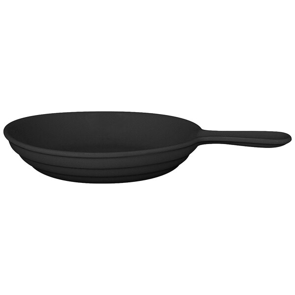 A black porcelain frying pan with a handle.