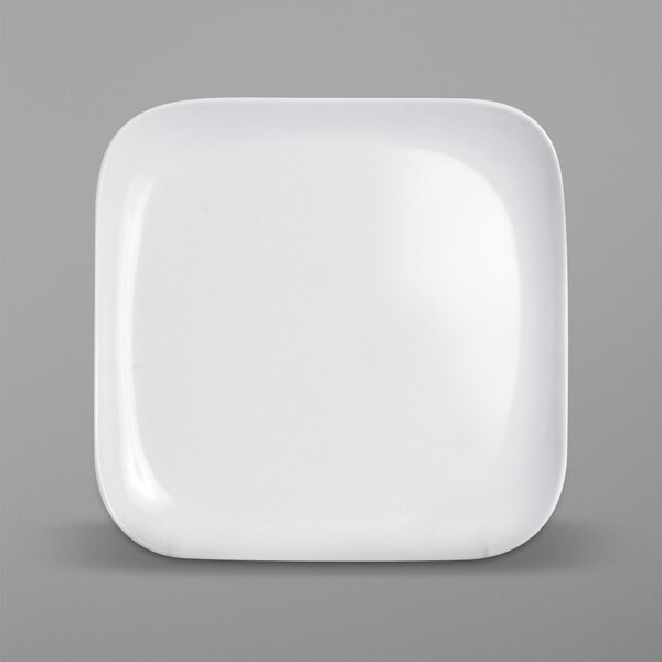 A white square Elite Global Solutions melamine plate with a small rim.