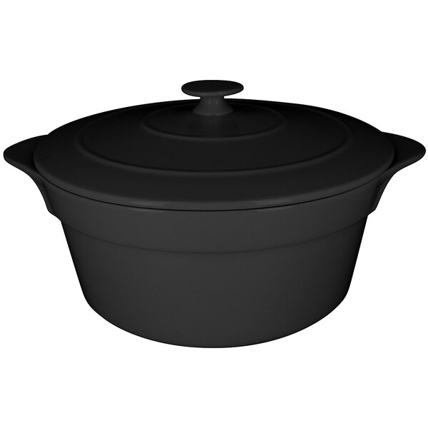A RAK Porcelain Volcano Black round casserole dish with a lid.