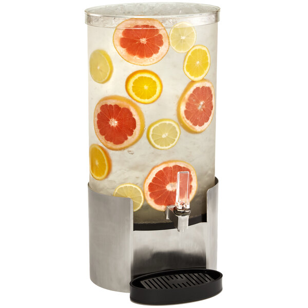 A Rosseto clear acrylic beverage dispenser with sliced oranges and lemons in it.