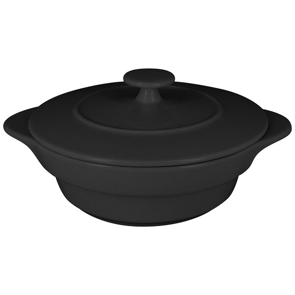 A black porcelain pot with a lid.