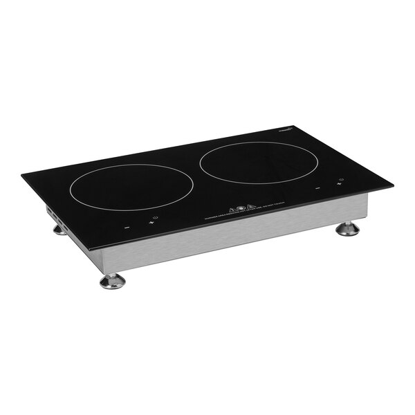 A black and silver Rosseto double countertop induction range with two burners.