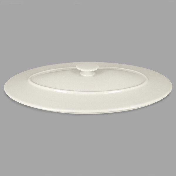 A RAK Porcelain Chef's Fusion sand white oval porcelain lid on a white surface.