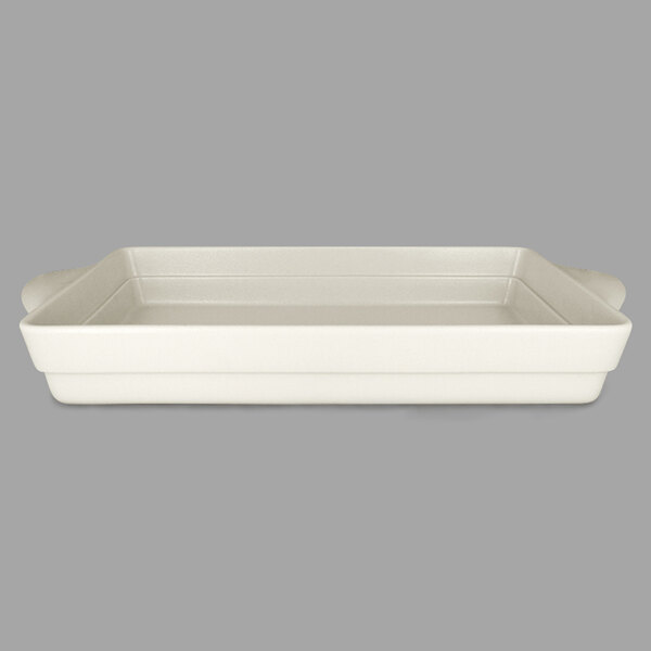 A white rectangular porcelain tureen with handles.