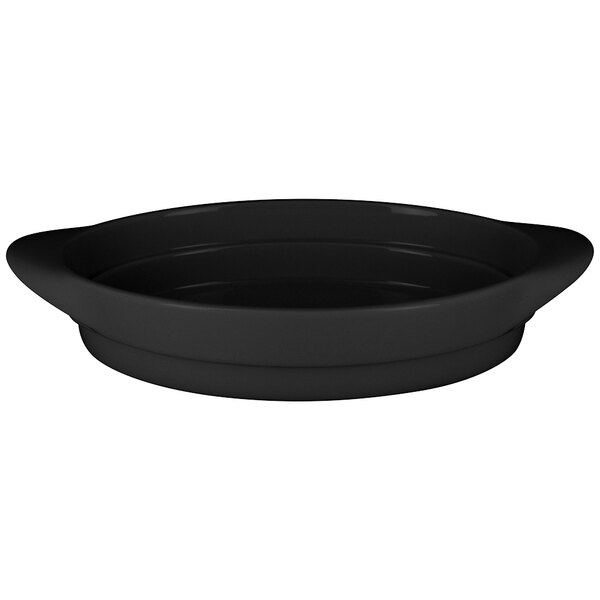 A black oval serving dish with two handles on a white background.
