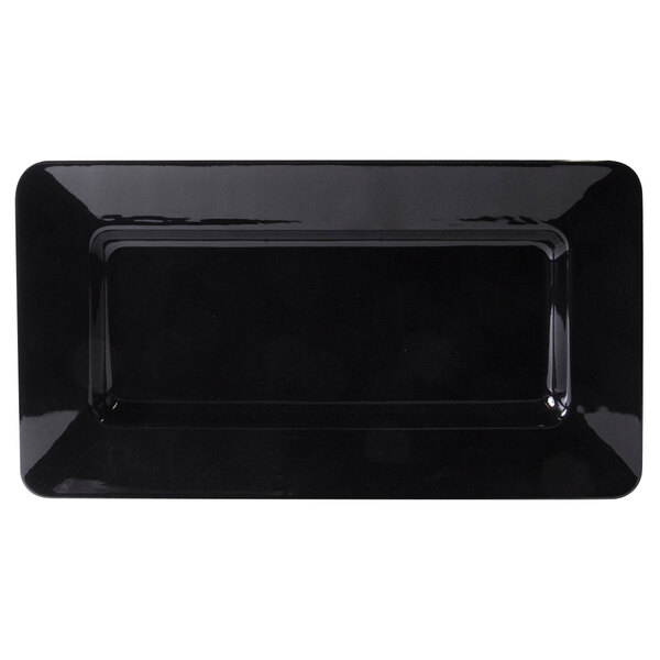 A black rectangular Elite Global Solutions melamine plate with a shiny surface.