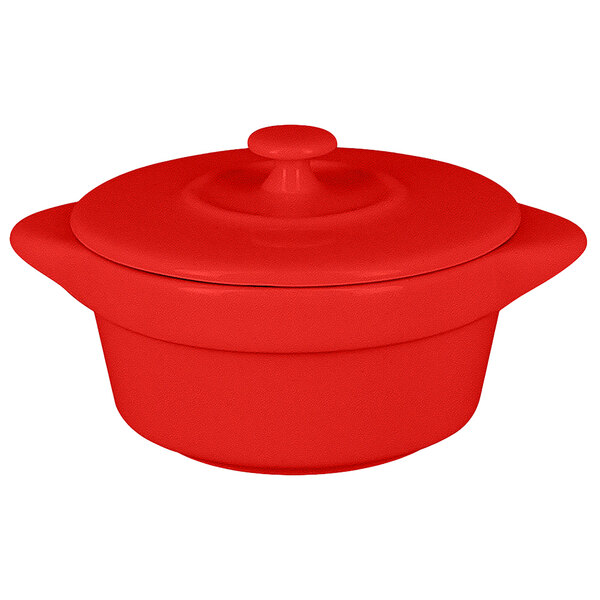 A RAK Porcelain Ember Red Mini Cocotte with lid.