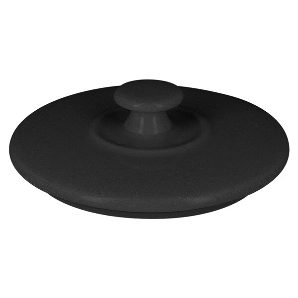 A RAK Porcelain Volcano Black round plastic lid with a round handle.