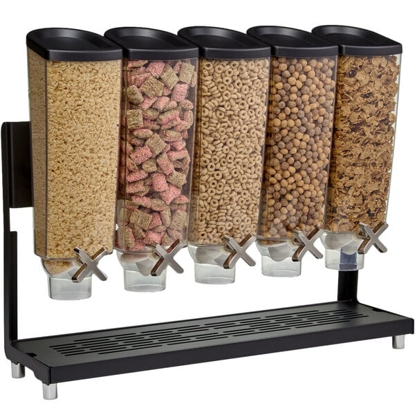 A group of Rosseto cereal dispensers filled with different cereals.