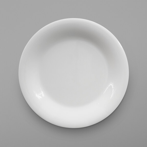 An Elite Global Solutions white melamine plate on a gray surface.
