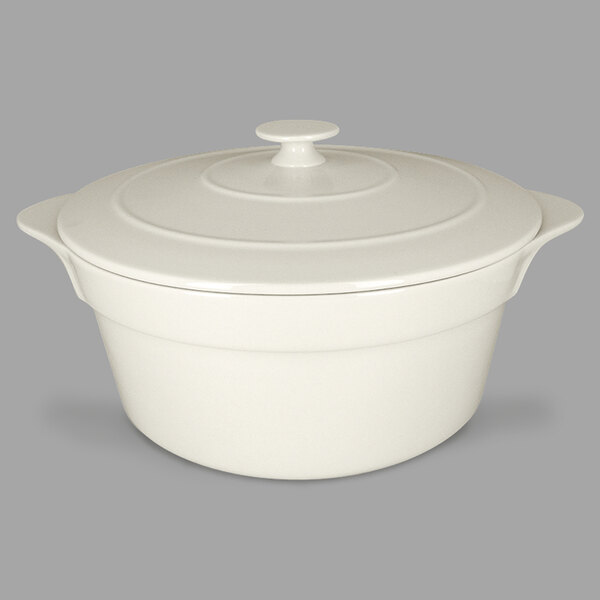 A RAK Porcelain white round porcelain casserole dish with a lid.