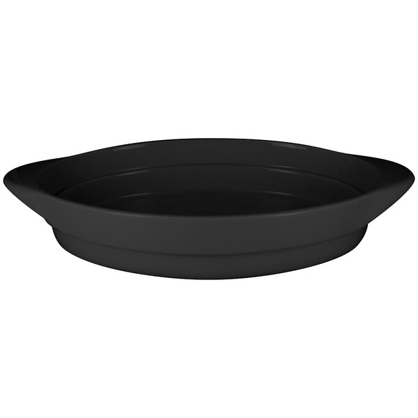 A black oval serving dish with a curved edge.