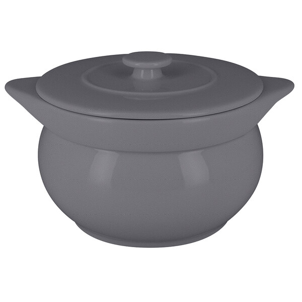 A grey pot with a lid.