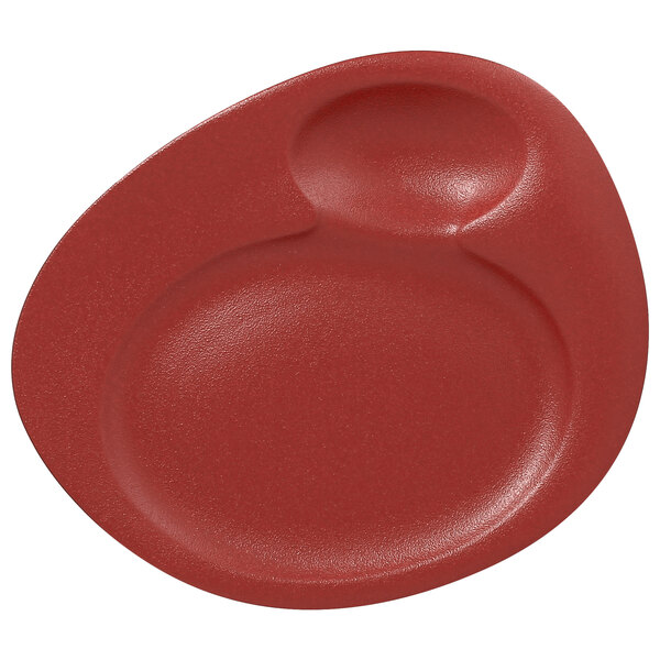 A RAK Porcelain Neo Fusion dark red porcelain oval plate with two small basins.