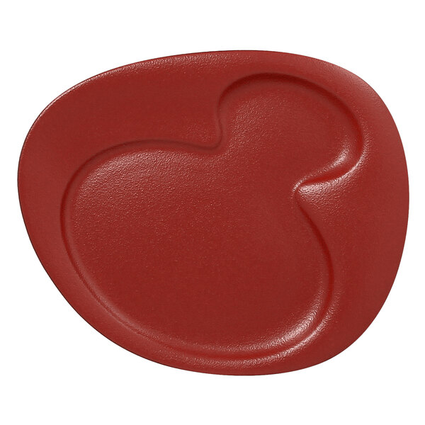 A RAK Porcelain Neo Fusion Magma Dark Red porcelain plate with 2 basins and a small hole in the middle.