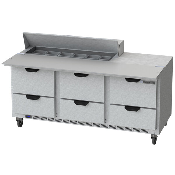 A white Beverage-Air refrigerated sandwich prep table with six drawers.