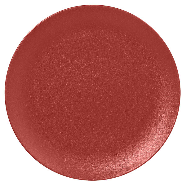 A red RAK Porcelain Neo Fusion Magma Dark Red flat coupe plate.