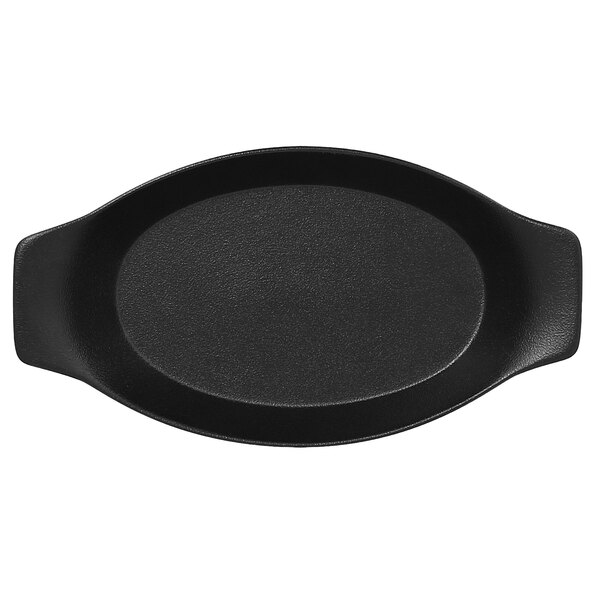 A black RAK Porcelain oval dish with handles.