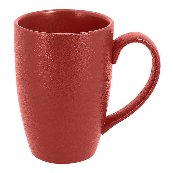 A RAK Porcelain Neo Fusion Magma Dark Red mug with a handle.