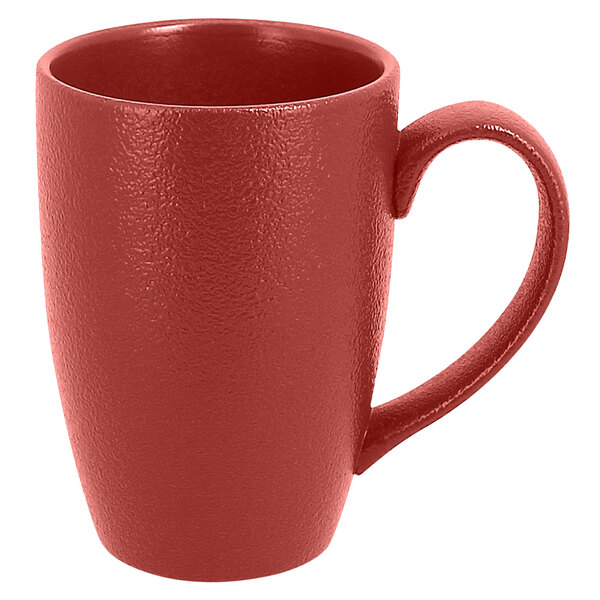A RAK Porcelain Neo Fusion Magma Dark Red porcelain mug with a handle.