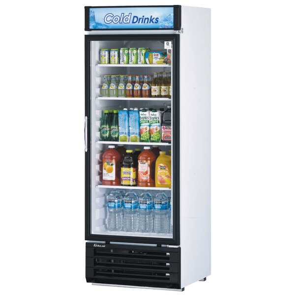 A Turbo Air white merchandising refrigerator with drinks and beverages inside.
