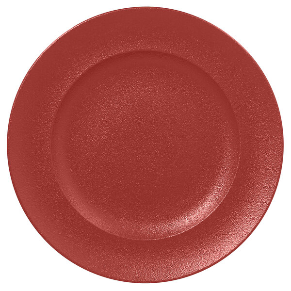 A dark red RAK Porcelain flat plate with a white background.