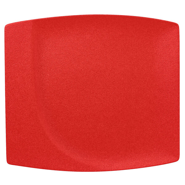 A red square RAK Porcelain Neo Fusion flat plate with a curved edge.